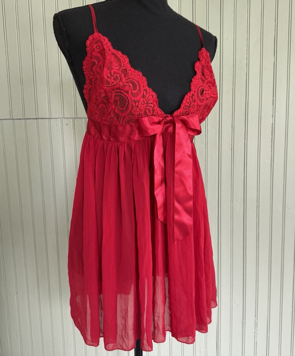 Victoria's Secret Red Babydoll Chemise Nightie Accordion Pleats Lace XL Lingerie